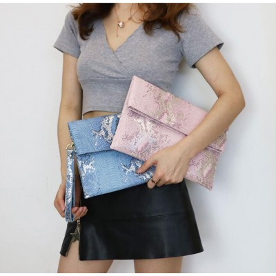 Folding python pu leather bags chain shoulder money bag lady wristlet evening clutch bag