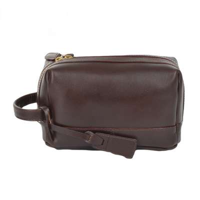 high quality smooth plain leather travel handbags waist wash bag with zipper around